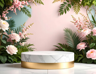Pastel Floral Podium Elegant Marble Display with Gold Accents