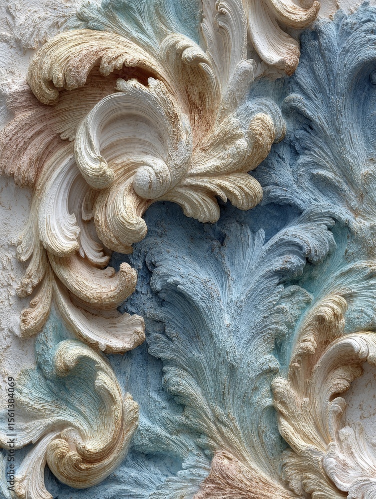 Poster baroque plaster texture sculpted into elegant wave forms with seamless pastel tones, creating a flow