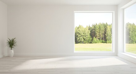 Idea of a white empty scandinavian room interior with  large wall and landscape in window