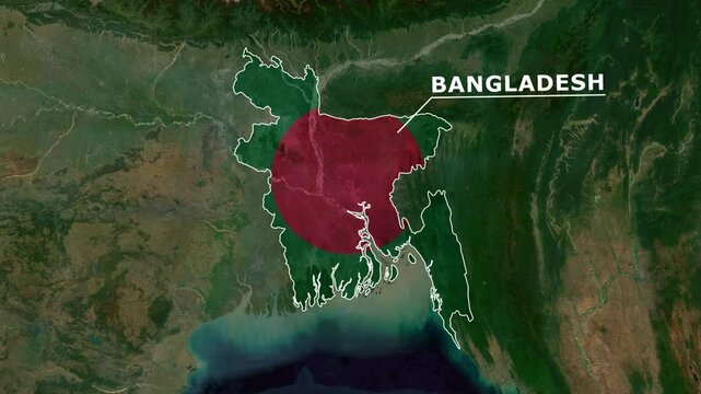 Zoom from Earth to Bangladesh. (Country Flag) World map animation with highlighted country borders. Satellite 3d world map animation highlights aerial views, tourism, and travel. 4k