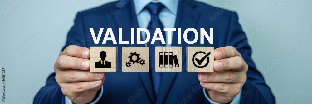Poster wooden blocks displaying the word validation with associated icons.