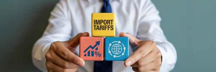 Businessperson holding wooden blocks displaying import tariffs.