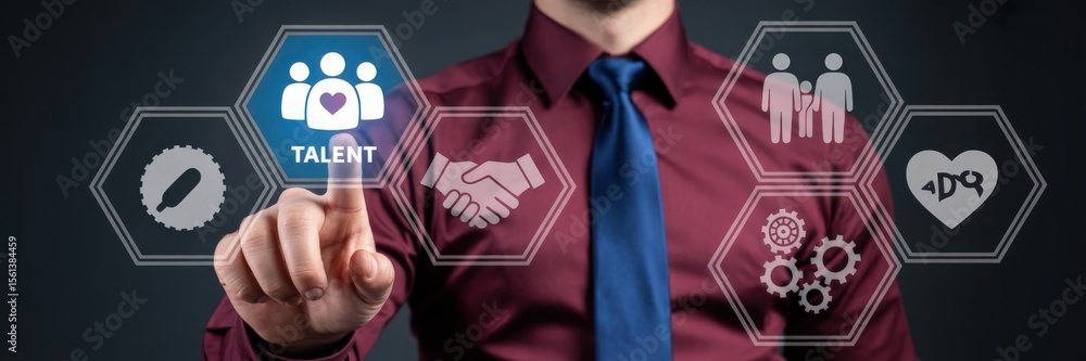 Poster a person touches a touch screen interface displaying icons related to talent.