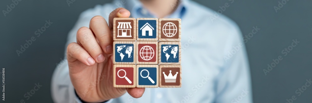 Poster wooden blocks with business icons in a grid pattern.