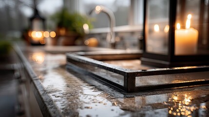 Wet outdoor kitchen sink, candles, rain, evening, design