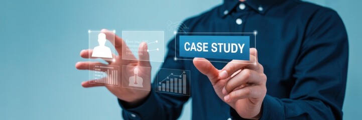A person interacts with holographic case study information.