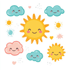 cute smiling suns and fluffy clouds for stiker