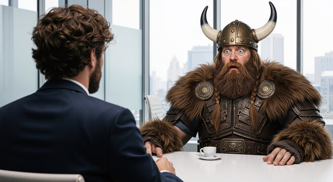 An Unconventional Job Interview: A Surprised Businessman Faces a Fully Dressed Viking Across a Modern Office Desk, Highlighting Unexpected Corporate Encounters.