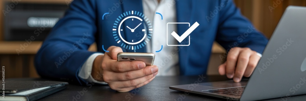 Poster businessman using a smartphone with time management interface.