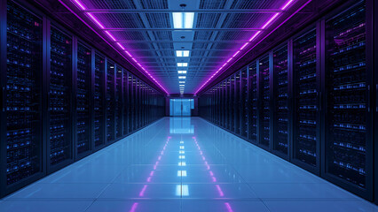 Modern data center with illuminated server racks in a secure server room with blue LED lighting

