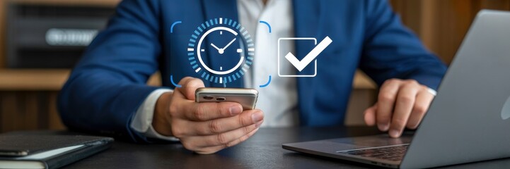 Businessman using a smartphone with time management interface.
