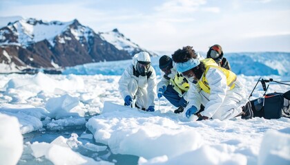 Researchers in protective suits are collecting samples on an icy landscape with icebergs snow covered mountains 