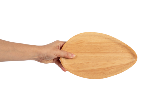 Oval wooden plate in hand on transparent background - Powered by Adobe