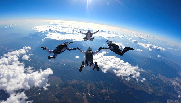 Group of skydivers in freefall against a bright blue sky wearing helmets and jumpsuits above clouds and landscape