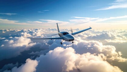 Obraz premium Silver airplane flies above a thick blanket of fluffy white clouds under a clear blue sky with soft natural light