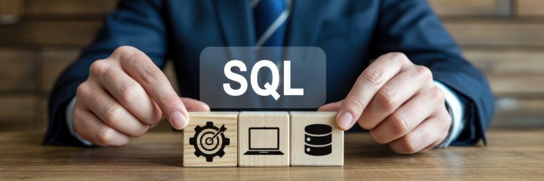 Wooden blocks with sql icons held by a person. - Powered by Adobe