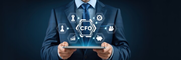 Businessman holding a tablet displaying a virtual cfo interface.