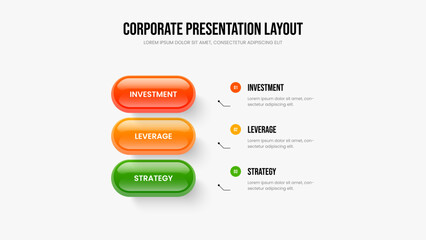 Financial Review Slide Design Vector Illustration. Service Strategy 3 Option Infographic Slideshow Layout. Investor Performance Three Element Diagram Frame Template.
