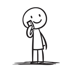 a stick figure smiling and calling in phone sketch cartoon black line art isolated on white background vector