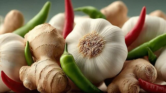 A vibrant still life composition featuring garlic, ginger, and colorful chili peppers