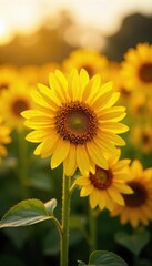 Fototapeta premium Close-up of Vibrant Yellow Sunflowers Bathed in Warm Sunlight, a Cheerful Summer Scene in a Rural Field, Perfect for Nature and Happiness Themes
