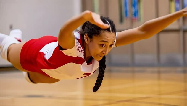 A female volleyball player dives low to save the ball during an intense match, showcasing her agility and dedication on the court
