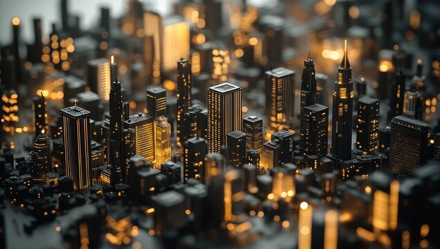 A city at night, lit with warm, golden lights.  Dark, geometric skyscrapers densely packed