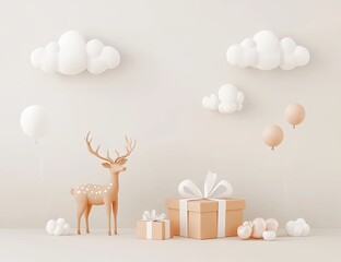 Pastel-toned scene with deer, gifts, and clouds.  Cute, whimsical, and minimalist design.  Beige, tan, and white colors.  3D rendering style