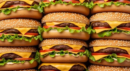 A close-up shot of numerous cheeseburgers stacked high, showcasing their juicy patties, melted cheese, and fresh toppings.