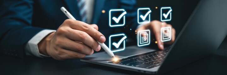 Person working on a laptop with checkmarks and digital files.