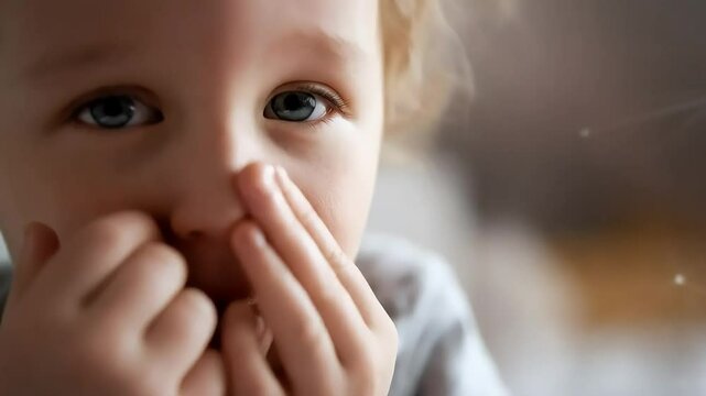 A child rubs their eyes, appearing to suffer from allergies, with a microscopic allergen superimposed in the foreground, highlighting the cause
