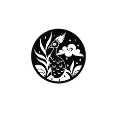 Naklejka premium Stylized black and white illustration of a peacock in a circular frame with rain and clouds