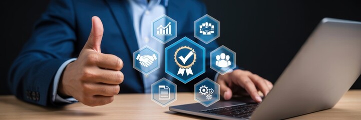 Businessman giving a thumbs up over a digital display of business approval icons.