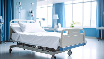 Close-up of an empty bed against a blurry background of a modern hospital.