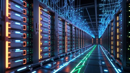 Futuristic server room showcasing modern data center infrastructure and advanced technology