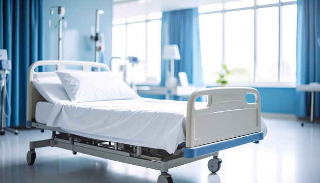 Close-up of an empty bed against a blurry background of a modern hospital.