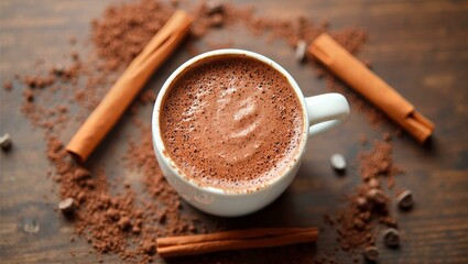 Fototapeta premium Hot Chocolate in Ceramic Cup with Cinnamon and Cocoa on Rustic Table