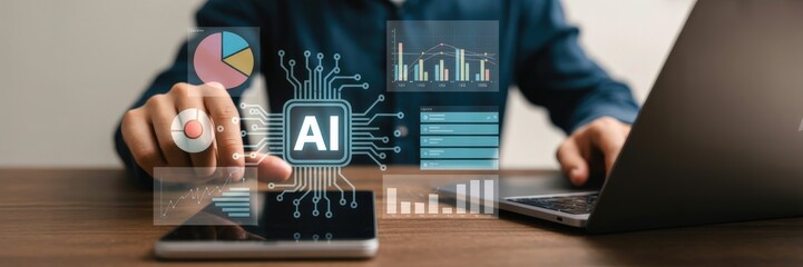 Person interacting with a futuristic graphical user interface displaying data and AI.