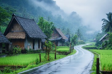 Fototapeta premium Quiet village road lined with traditional houses, light rain falling and fog