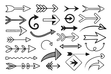 Curved and Circular Vector Arrows in Hand-Drawn Sketch Style. Black Icons for Navigation UI Templates, Infographic Layouts, and Creative Presentation Design Graphics.

