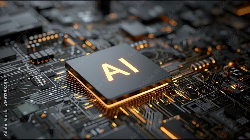 Poster vibrant orange light revealing intricate ai microchip design resting on shadowy circuit board, signa