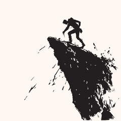a silhouette of a person looking down a cliff illustration vector  hand drawn sketch line art grunge black isolated on white background