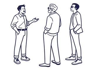 Fototapeta premium Three Men Talking Casual Chat Scene Vector on White Background