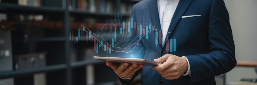 Businessperson reviews  market data on a tablet. - Powered by Adobe