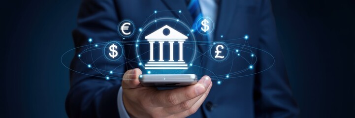 A hand holds a smartphone displaying a digital bank icon surrounded by currency symbols.