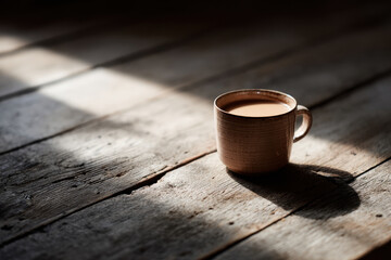 solitary cup of coffee resting on rustic wooden table illuminated by soft warm light
