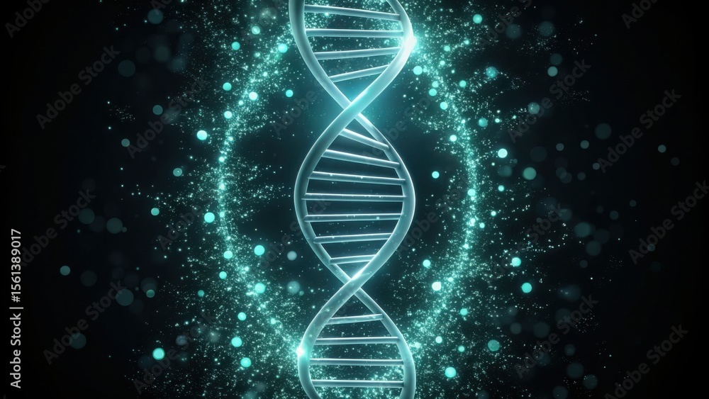 Poster Bioluminescent Helix Floating in Dark Space with Sparkling Particles