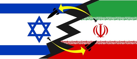 conflict between Israel and Iran, illustration of war flag with missiles