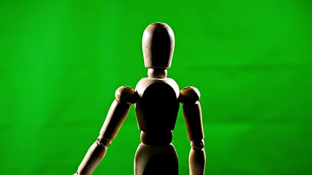 Wooden mannequin figure rotating on green screen background for motion reference