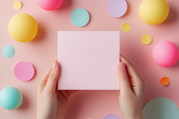 Obraz premium Hand holding a blank soft pink greeting card with minimal design, set against a smooth pastel pink background. Concept of simplicity, communication, and celebration.